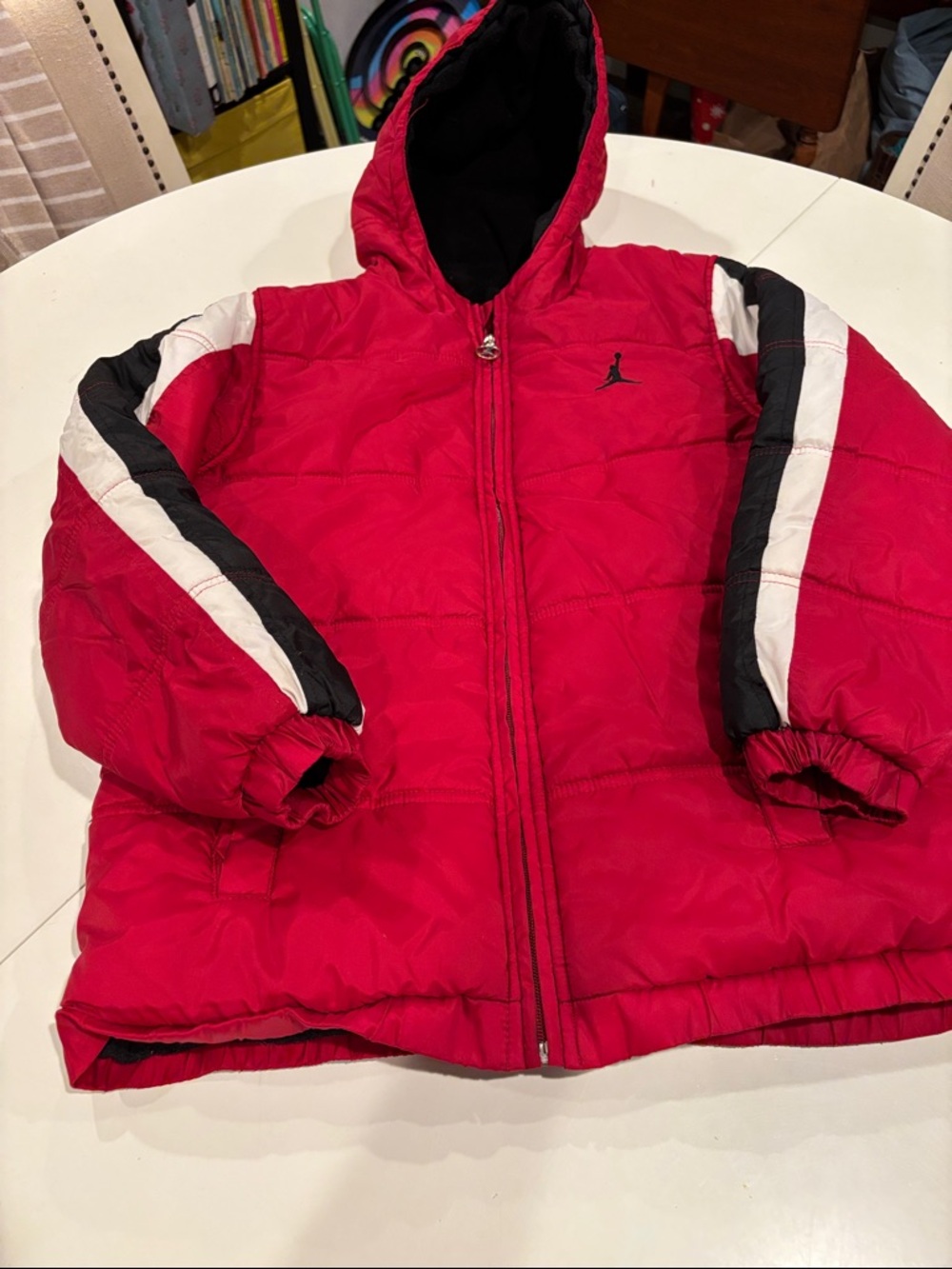 Jordan Red Hooded Puffer Jacket w/ Black & White Sleeve Stripes boys size 12-14